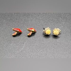 Elegant Enamel Red and Gold Mushroom and Ivory Earrings Set